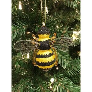 BUBBLE BEE ORNAMENT -Glass Christmas Glittering Yellow & Black Honey